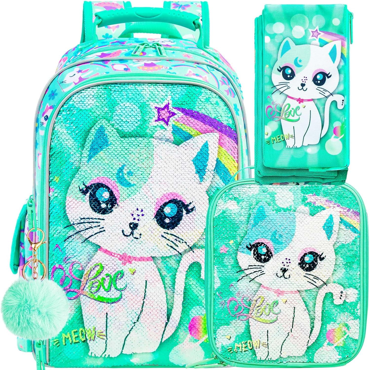 AGSDON 3PCS Bookbag for Girls, 16" Kids Cat Sequin Backpack with Lunch ...