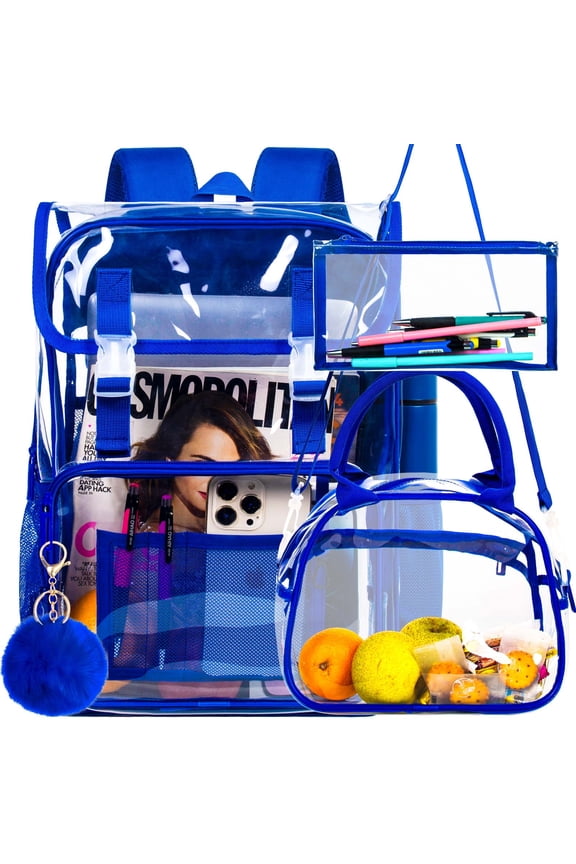 3PCS Clear Backpack, Heavy Duty Transparent Bookbag for Men Boys, Stadium Approved See Through Backpack Set (Blue)