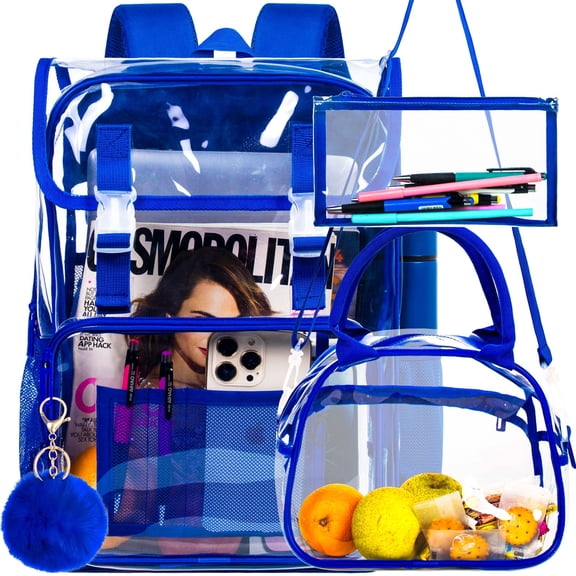 AGSDON 3PCS Clear Backpack, Heavy Duty Transparent Bookbag for Men Boys, Stadium Approved See Through Backpack Set (Blue)