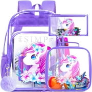 AGSDON 3PCS Clear Backpack for Girls, Pink Unicorn Transparent Bookbag Heavy Duty, See Through School Bag for Kids Elementary Preschool