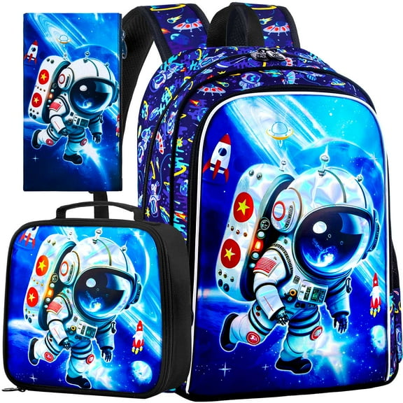 AGSDON 3PCS Kids Backpack for Boys, Space Preschool Bookbag with Lunch Box, 16" Water Resistant School Bag for Elementary Toddler
