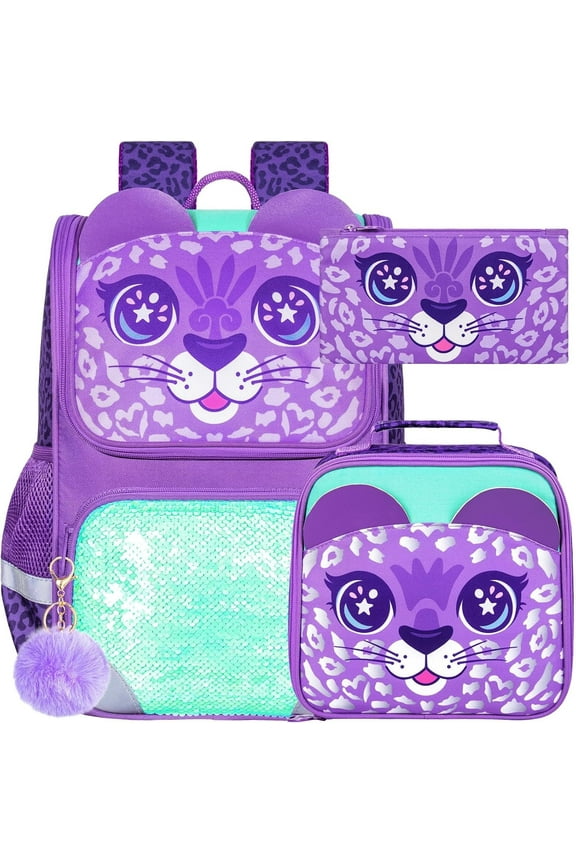 3PCS Kids Backpack for Girls, 15" Sequin Bookbag with Lunch Box, Leopard School Bag Set for Elementary Preschool Toddler
