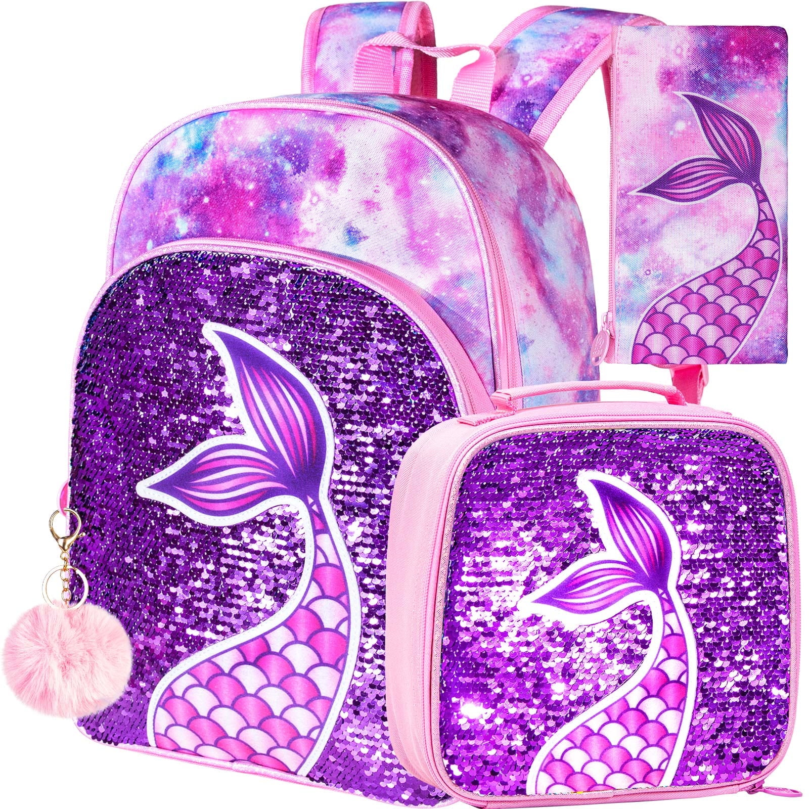 AGSDON 3PCS Kids Backpacks for Girls, 16" Little Kid Mermaid Sequin ...