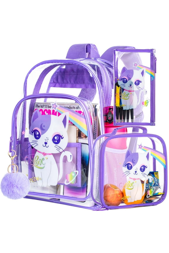 3PCS Kids Clear Backpack for Girls, Purple Cat See Through School Bag, Transparent Bookbag Heavy Duty for Elementary Preschool