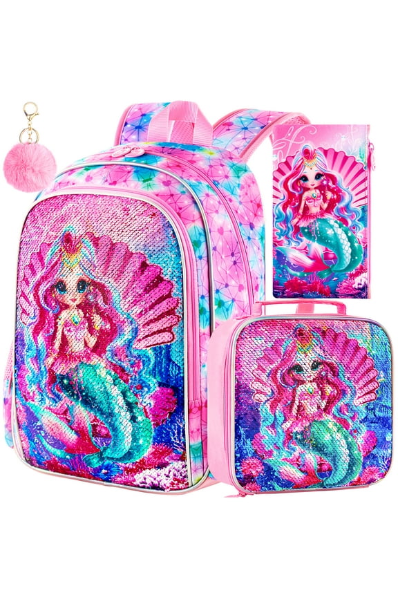 3PCS Mermaid Backpack for Girls, 16" Little Kids Sequin Preschool Bookbag, Elementary School Backpacks and Lunch Box