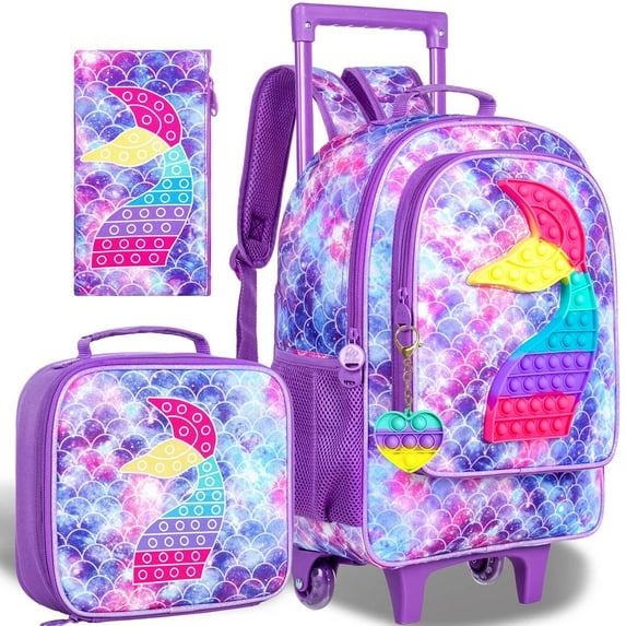 AGSDON 3PCS Mermiad Rolling Backpack for Girls, Kids Roller Wheeled Bookbag Toddler Elementary School Bag with Wheels - Purple