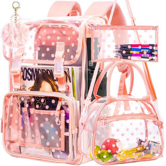 AGSDON 3PCS Pink Clear Backpack, Heavy Duty Transparent Bookbag for Women Girls, Stadium Approved See Through Backpack Set (Pink Dot)