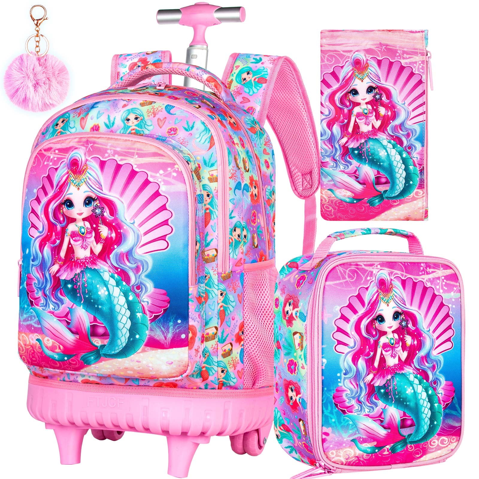 AGSDON 3PCS Rolling Backpack for Girls, 20" Kids Roller Wheels Bookbag, Wheeled School Bag with Lunch Bag - Mermaid Pink