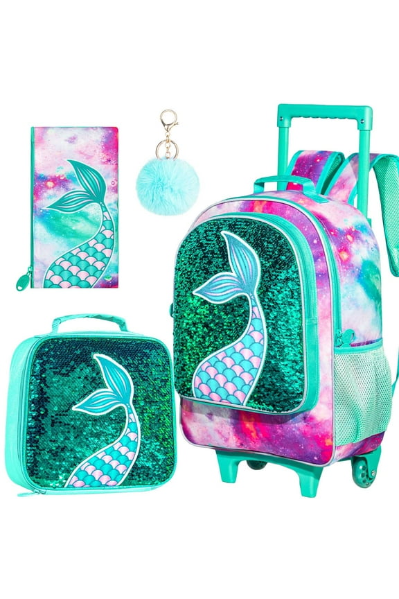 3PCS Rolling Backpack for Girls, Kids Roller Wheels Bookbag, Wheeled School Bag with Lunch Bag - Mermaid Green