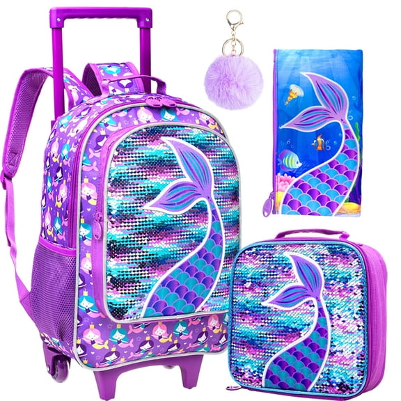 AGSDON 3PCS Rolling Backpack for Girls, Kids Roller Wheels Bookbag, Wheeled School Bag with Lunch Bag - Mermaid