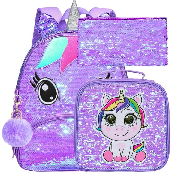 AGSDON 3PCS Toddler Backpack for Girls, 12" Unicorn Sequin Preschool Bookbag and Lunch Box - Purple