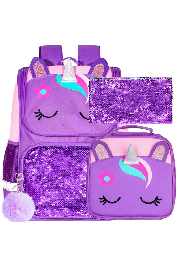 3PCS Unicorn Backpack, 15" Girls Sequin Bookbag with Lunch Box, Purple Kids School Bag for Elementary Preschool Toddler