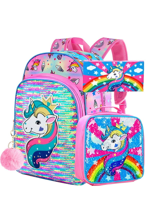 3PCS Unicorn Backpack for Girls, 16" Little Kids Sequin Preschool School Bookbag and Lunch Box