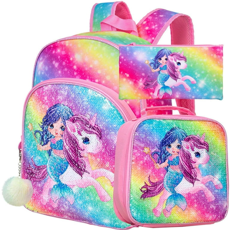 AGSDON 3PCS Unicorn Mermaid Backpack for Girls, Sequin Bookbag for
