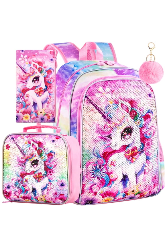 3Pcs Unicorn Backpack for Girls, 16" Sequin School Bookbag with Lunch Box, Kids Backpacks Set for Elementary Preschool Kindergarten(Pink)