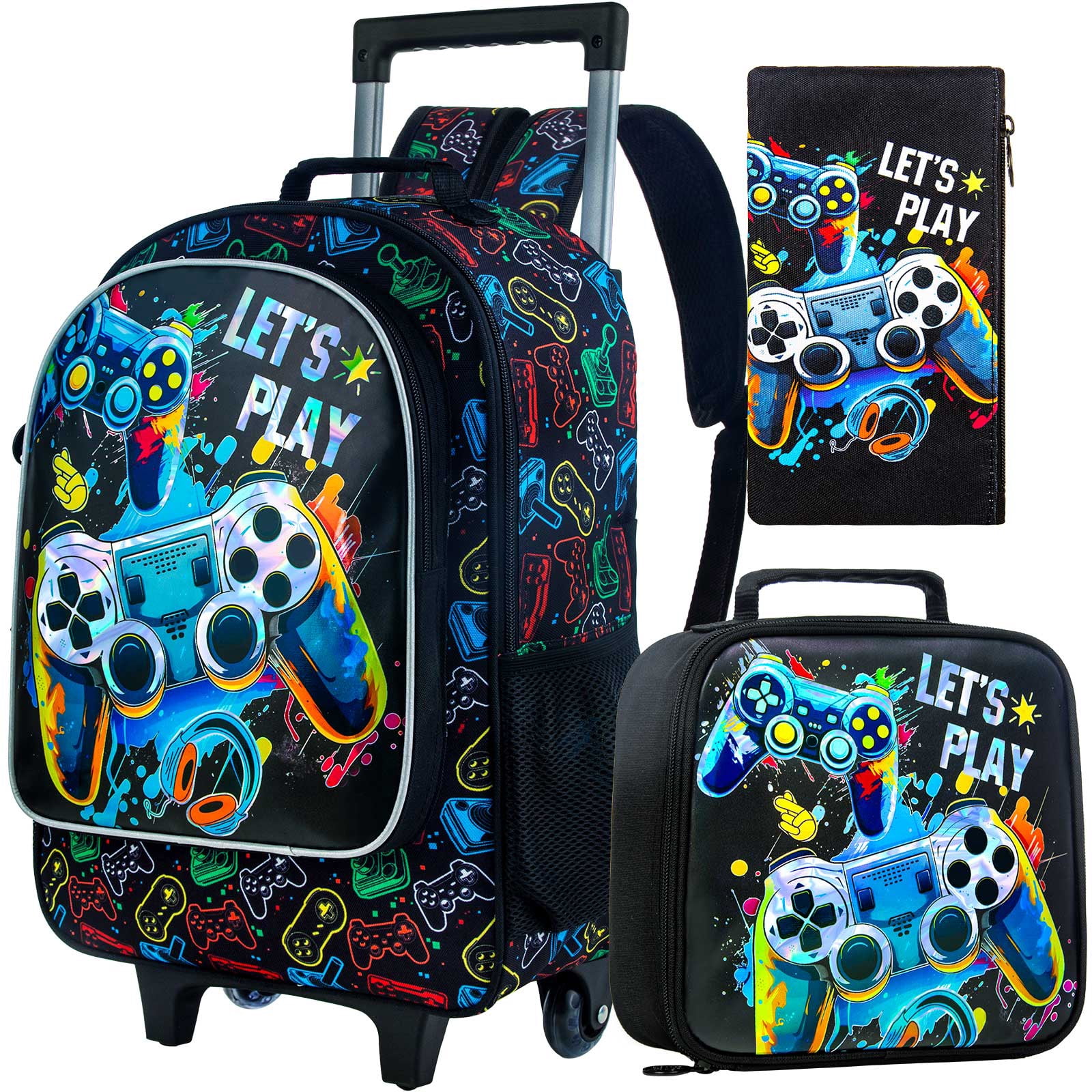 AGSDON 4PCS Boys Rolling Backpack, Cute Game Wheeled Bookbag, Roller School Bag with Wheels for Elementary Preschool Travel