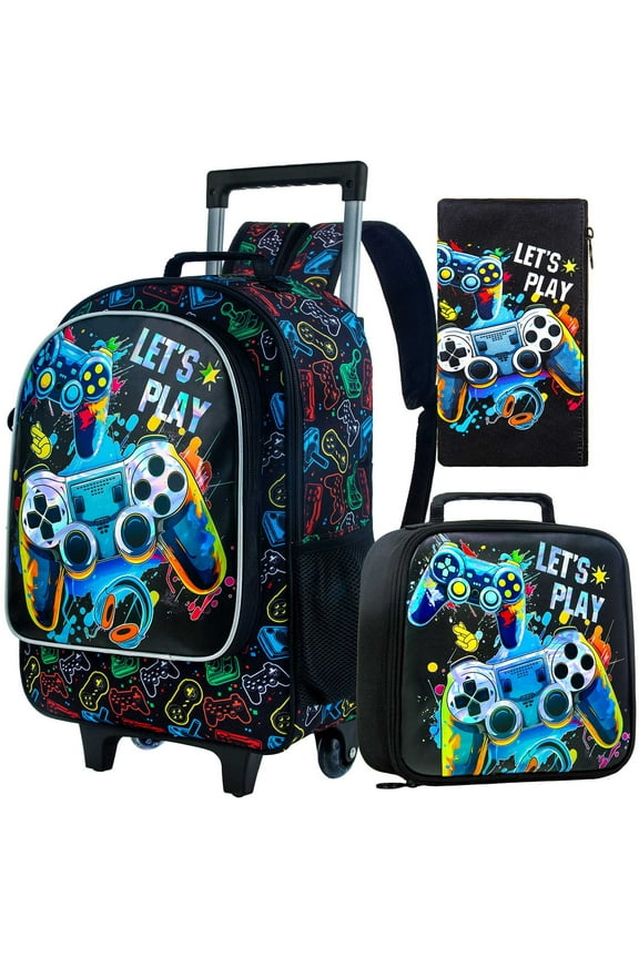 4PCS Boys Rolling Backpack, Cute Game Wheeled Bookbag, Roller School Bag with Wheels for Elementary Preschool Travel