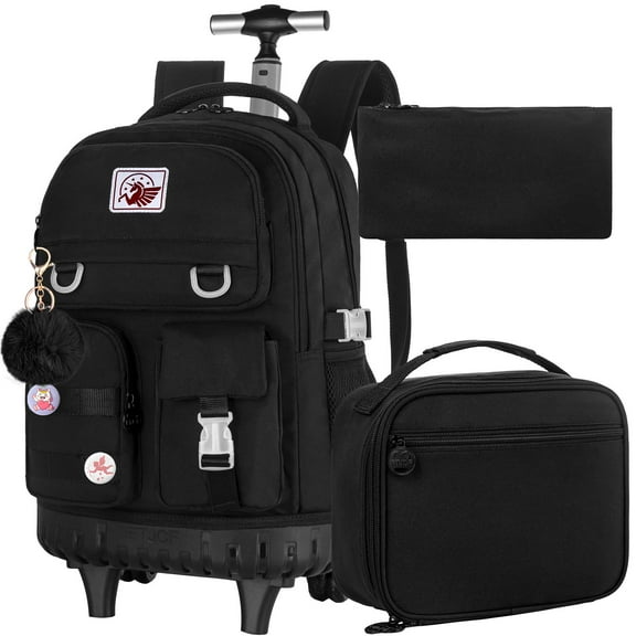 AGSDON Rolling Backpack for Girls Women, 21 inch Roller Wheels School Bookbag, Wheeled Suitcase Backpacks with Lunch Bag for Teen - Black