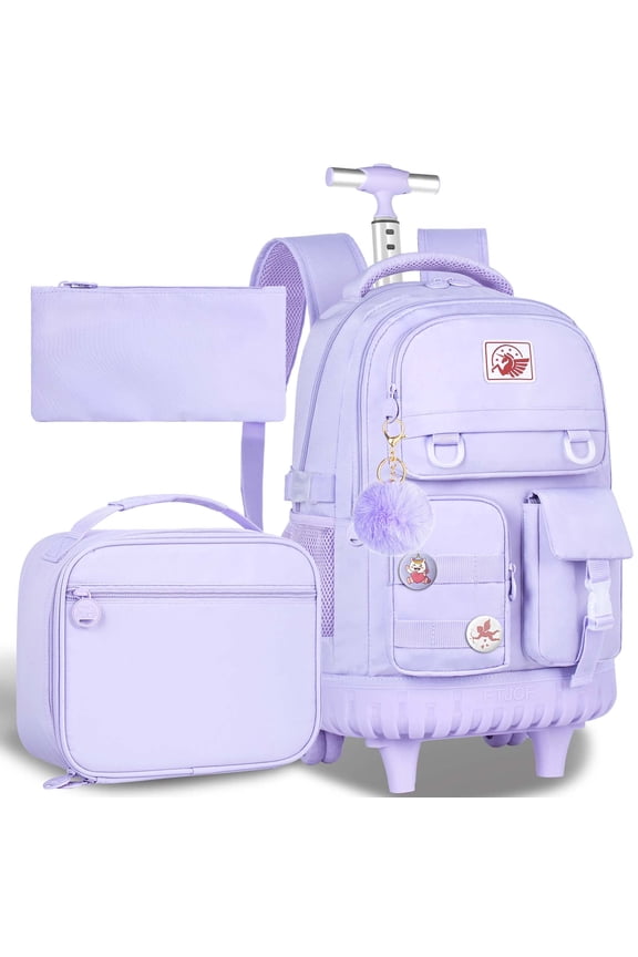 Rolling Backpack for Girls Women, 21 inch Roller Wheels School Bookbag, Wheeled Suitcase Backpacks with Lunch Bag for Teen - Purple