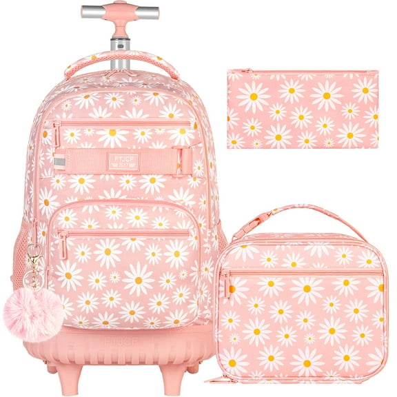 AGSDON Rolling Backpack for Girls, Women Roller Wheels Bookbag, Laptop Daisy Wheeled School Bag with Wheels for Teens