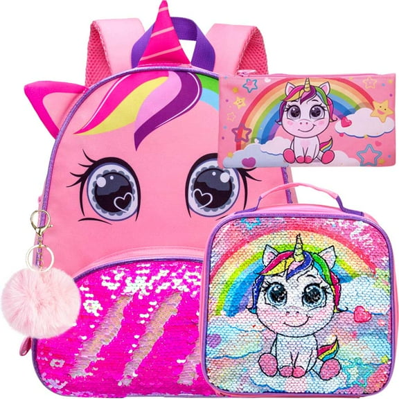 AGSDON Toddler Backpack for Girls, 3pcs Unicorn Sequin Preschool Bookbag with Lunch Box,Cute Kindergarten School Bag