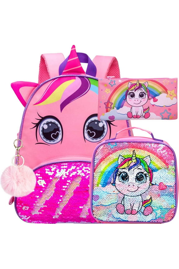 Toddler Backpack for Girls, 3pcs Unicorn Sequin Preschool Bookbag with Lunch Box,Cute Kindergarten School Bag