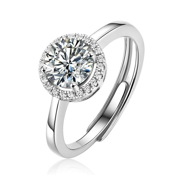 FANCIME 14K White Gold Plated 925 Sterling Silver 1 Carat 6.5mm EF Color VVS Moissanite Classic Halo Setting Simulated Diamond Wedding Engagement Ring for Women Jewelry, Adjustable SIZE