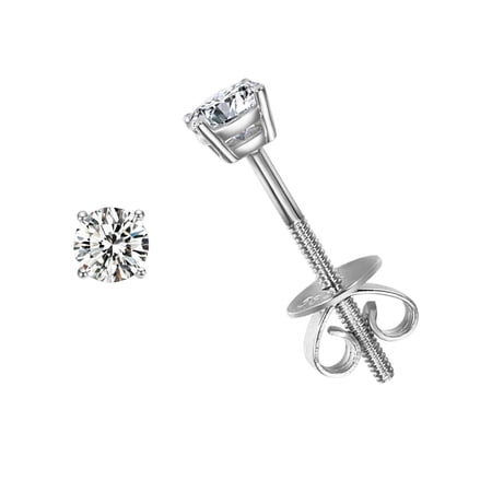 AGVANA 14k Solid White Gold Round 4 Prong Moissanite Earrings Simulated Diamond D-E Color VVS Clarity Stud Earrings for Women Fine Jewelry Gifts, Screw Back