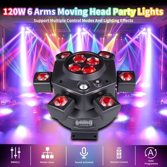 AGVYBE 150W 6 Arm Moving Head DJ Light, RGBW LED Stage Lighting with Bee Eye, Strobe, Starry Effects, DMX512, Remote Control, Sound Activated, 540 Rotation for Party, Club, Disco (Gen I)