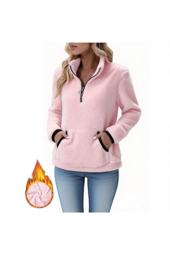 1/4 Zip Up Collar Sweatshirts for Women Fuzzy Fleece Pullover Solid Color Long SLeeve Tops Fall Winter Shirts