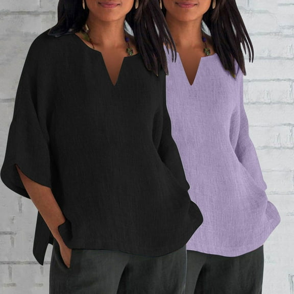AGWOLF 2 Pack Cotton Linen Tops for Women Plus Size 3/4 Sleeve Shirts Oversized V Neck Tunic Tops Dressy Side Split Blouses Going Out Tops for Women