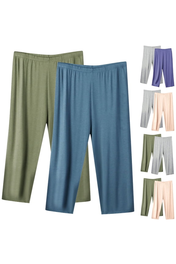 2 Pack Womens Capri Pants Loose Yoga Pants Wide Leg Elastic Waist Comfy Lounge Pajama Capris 3/4 Length Pants with Pockets