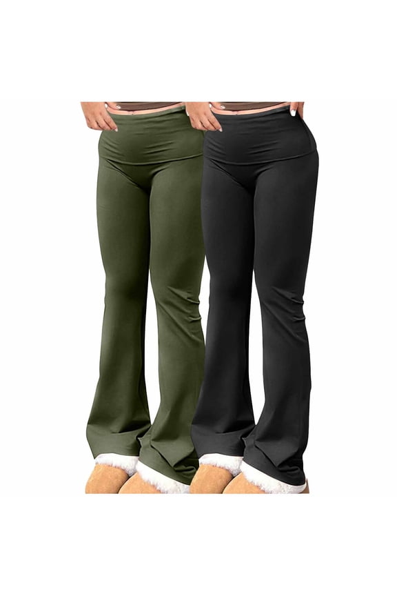 2 Pack Yoga Pants for Women Cozy Fold Over Tummy Control Legging Stretchy Bell Bottom Lounge Sweapants