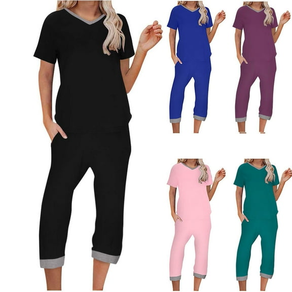 AGWOLF 2 Piece Sets for Women Summer Outfits Matching Sets Short Sleeve V Neck Shirts and Knee Length Cropped Pants Yoga Outfit