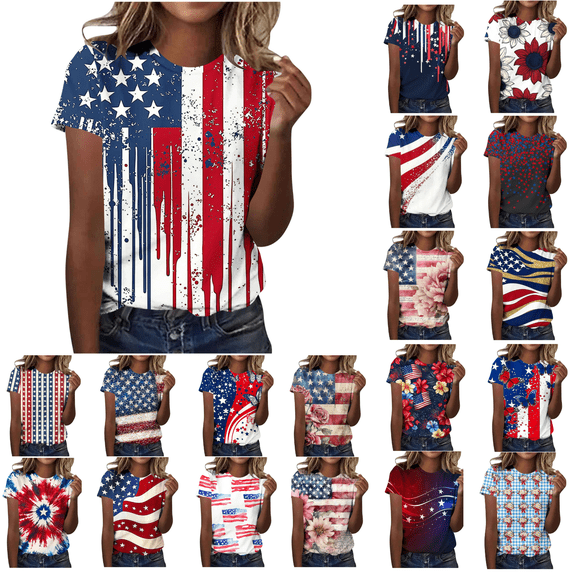AGWOLF 250 Anniversary USA Patriotic Shirts for Women Short Sleeve Star Stripes Graphic Tee Crewneck Summer Tops Black S