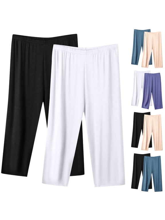 2pc Capris for Women Plus Size Solid Color Cropped Trousers Elastic Waist Wide Leg Yoga Pants Womens Workout Capri Pants
