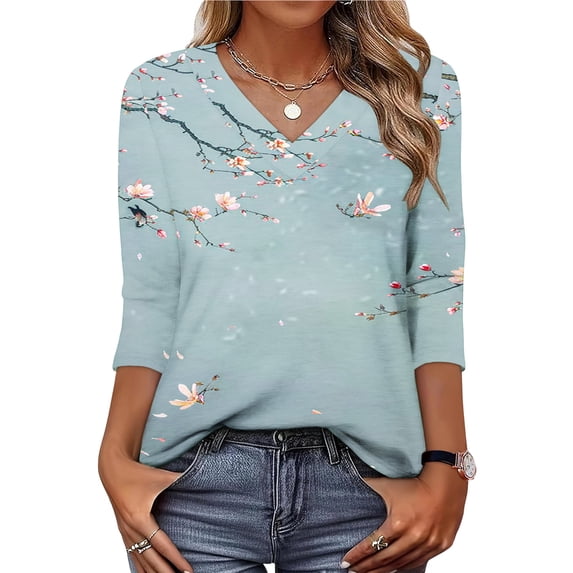 AGWOLF 3/4 Length Sleeve Shirts for Women Dressy Casual V Neck Tunic Tops Loose Fit Floral Print Shirt Boho Summer Tops Multicolor S