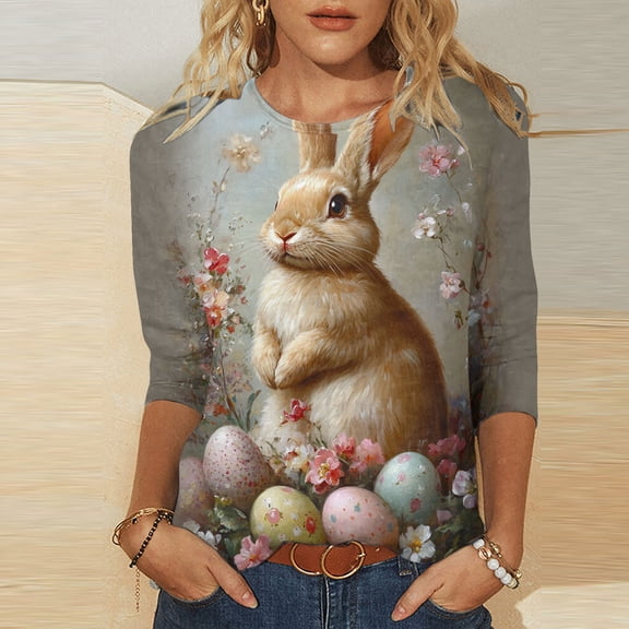 AGWOLF 3/4 Length Sleeve Womens Tops Summer 2025 T-Shirts Cute Bunny Rabbits Print Crew Neck T Shirts Casual Basic Tee Fitted Tunic Tops Blouses