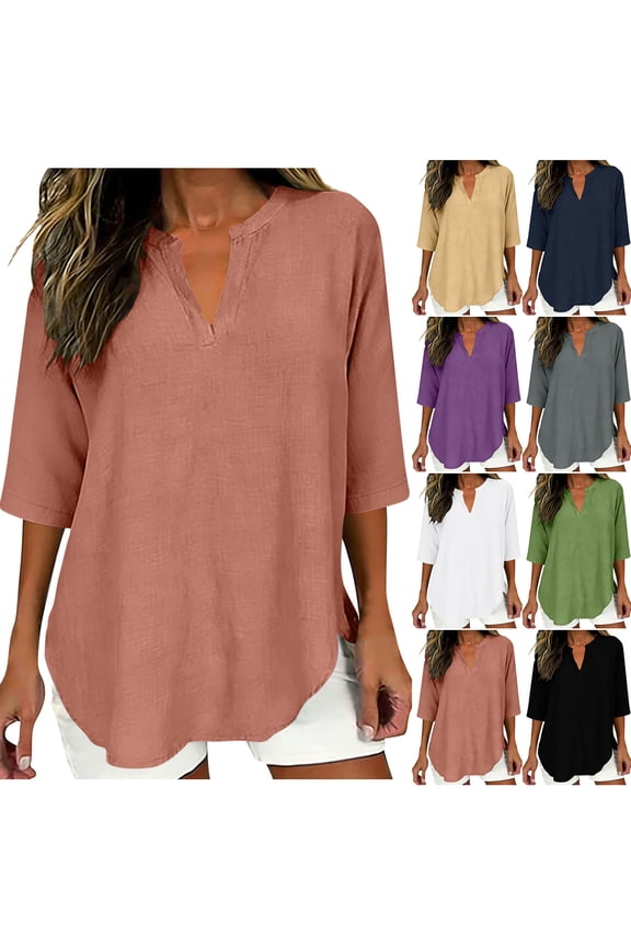 3/4 Sleeve Tops for Women Casual V Neck Linen Shirts Loose Fit Flounce Sleeves Blouses Fashion Lightweight Tunic Top Khaki L