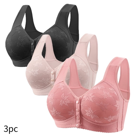 AGWOLF 3 Pack Daisy Bras for Older Women Plus Size Push Up Brassiere No Underwire Full Coverage Lace Bra Convenient Front Closure Bralettes Seniors Everyday Bras