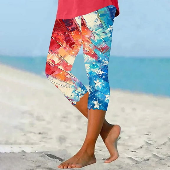 AGWOLF 4th of July Capri Leggings for Women Plus Size Cropped Leggings Tummy Control High Waist Yoga Pants Independence Day Workout Capris Multicolor M