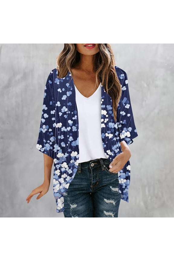 4th of July Patriotic Cardigans for Women 3/4 Sleeve Draped Ruffles Cardigan American Flag Casual Loose Chiffon Kimono Beach Swimsuit Cover Ups Multicolor,XXL