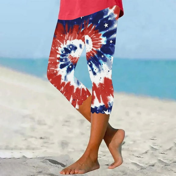 AGWOLF 4th of July Plus Size Legging Capris for Women Tummy Control High Waisted Capris Stretchy Workout Yoga Pants Summer Cropped Trousers Multicolor 4XL