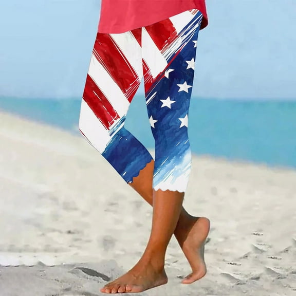 AGWOLF 4th of July Womens Capris for Summer American Flag Printed Leggings Tummy Control High Waisted Patriotic Leggings Independence Day Stretchy Workout Pants Multicolor M