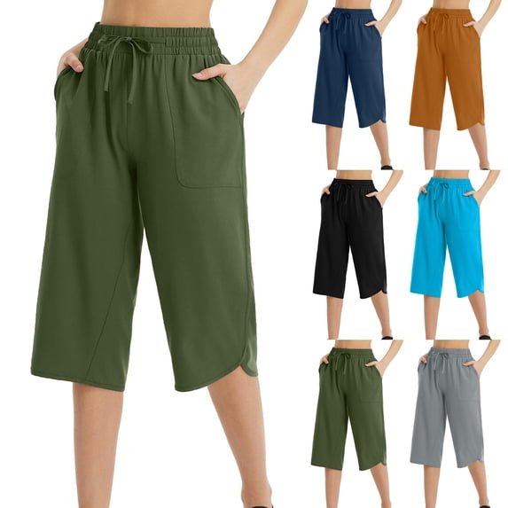 AGWOLF Athletic Capri Pants for Women with Pockets Wide Leg Pull On Cropped Trousers Loose Fit High Waisted Yoga Capris Comfy Running Crop Pant Sky Blue S