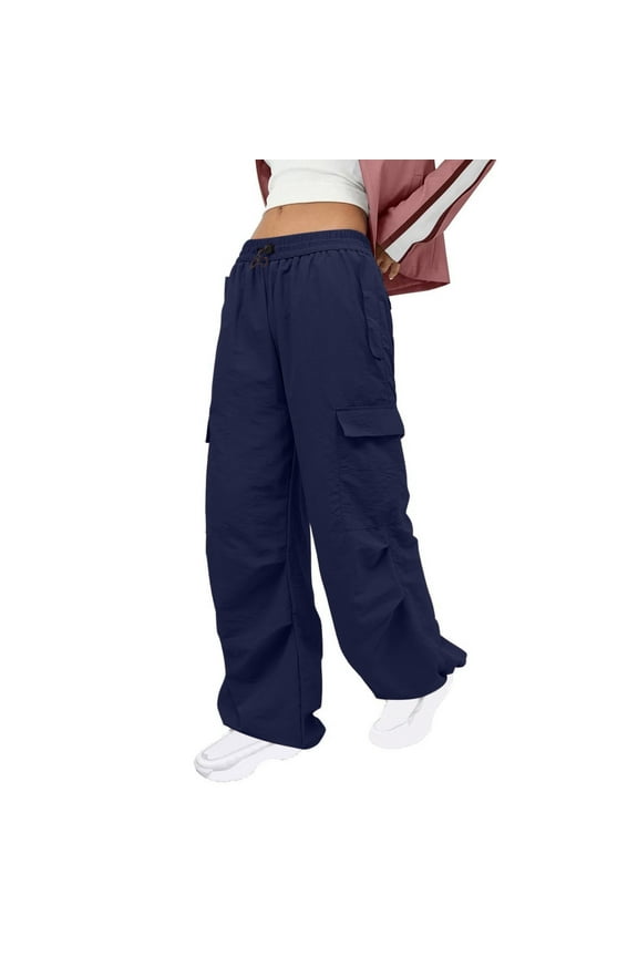 Baggy Cargo Pants for Women Hip Hop Wide Leg Windbreak Hiking Pant Y2K High Waist Drawstring Streetwear Trousers with Muti-Pockcets