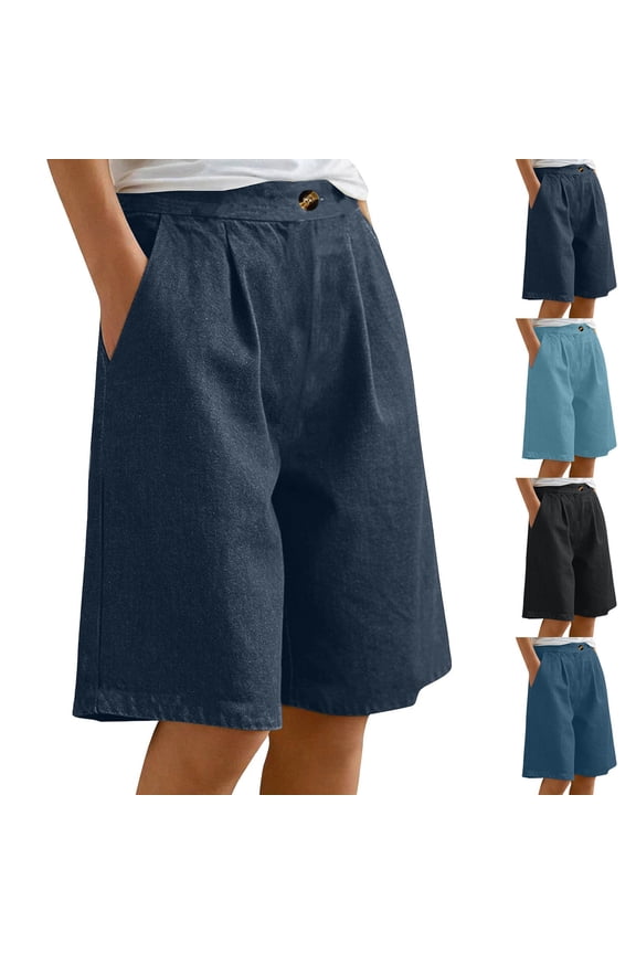 Baggy Jean Shorts for Women Wide Leg Button Down Denim Bermudas Summer Casual Pull On Jorts Pleated Boyfriend Denim Shorts Blue XXXL