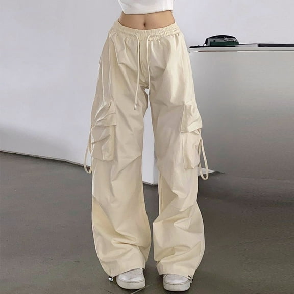 AGWOLF Baggy Parachute Pants for Womens Cargo Wide Leg Hiking Pant High Waist Y2k Boyfriend Streetwear Trouser with Muti-Pockets