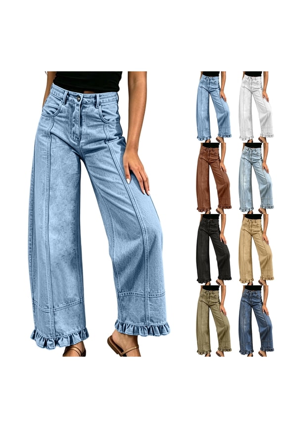 Barrel Jeans Women Trendy Ruffle Hem Wide Leg Jeans Y2k Baggy Boyfriend Denim Pants with Pockets Black XL
