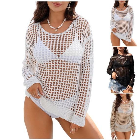 AGWOLF Beach Cover Ups for Women Crochet Summer Knit Swimwear Hollow Out Bathings Suits Tops Vacation Swimsuit Coverups White S